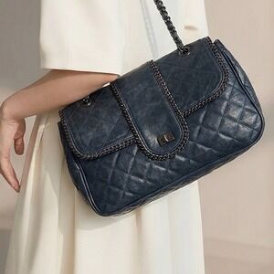 Big Buddha Navy Blue Quilted Vegan Leather Chain Strap Shoulder Bag Flap Bag